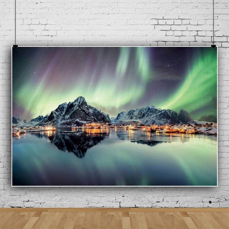AOFOTO 7x5ft Lights in The Northern Night Sky Mountains Lake Scenery Photo Backdrop Snowy Glacier Coastline Landscape Norway Island Fishing Village Travel Photography Background Photo Studio Props - Image 2